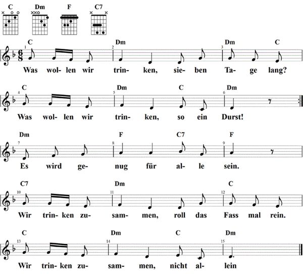 Was wollen wir trinken, Noten mit Liedtext und Gitarrenakkorden D-Moll
