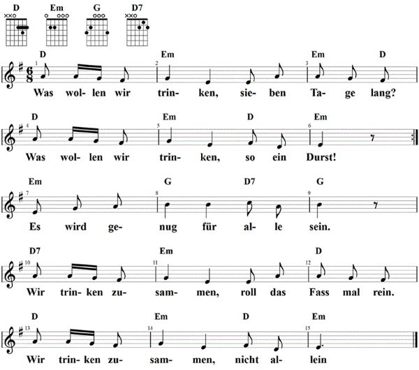 Was wollen wir trinken, Noten mit Liedtext und Gitarrenakkorden E-Moll