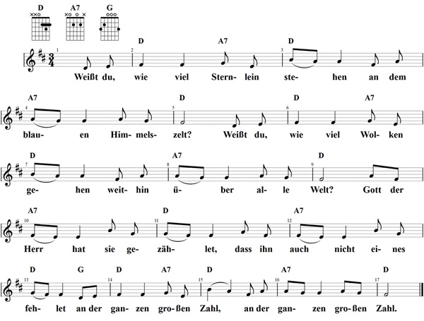 Weißt du wie viel Sternlein stehen, Noten mit Liedtext und Gitarrenakkorden (D)