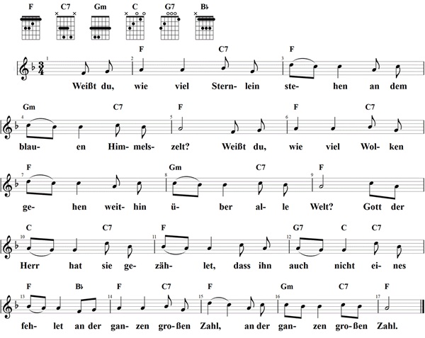 Weißt du wie viel Sternlein stehen, Noten mit Liedtext und Gitarrenakkorden (F)