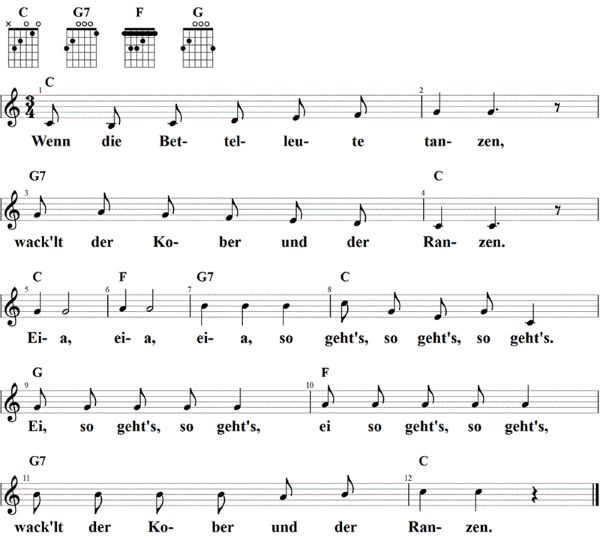 Wenn die Bettelleute tanzen, Noten mit Liedtext und Gitarrenakkorden C-Dur