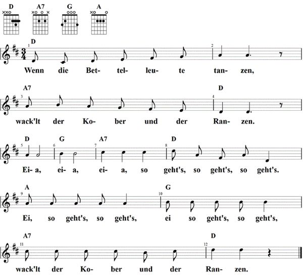 Wenn die Bettelleute tanzen, Noten mit Liedtext und Gitarrenakkorden D-Dur
