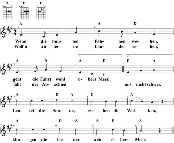 Wenn die bunten Fahnen wehen, Noten mit Liedtext und Gitarrenakkorden A-Dur