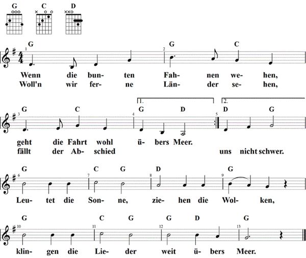 Wenn die bunten Fahnen wehen, Noten mit Liedtext und Gitarrenakkorden G-Dur