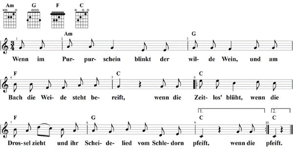 Wenn im Purpurschein blinkt der wilde Wein, Noten mit Liedtext und Gitarrenakkorden C-Dur
