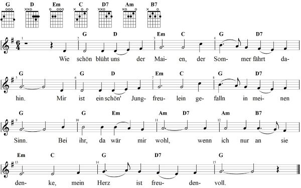 Wie schön blüht uns der Maien, Noten mit Liedtext und Gitarrenakkorden G-Dur