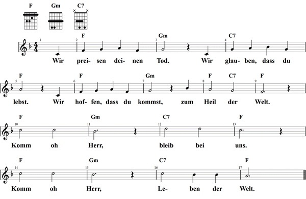 Wir preisen deinen Tod, Noten mit Liedtext und Gitarrenakkorden (F)