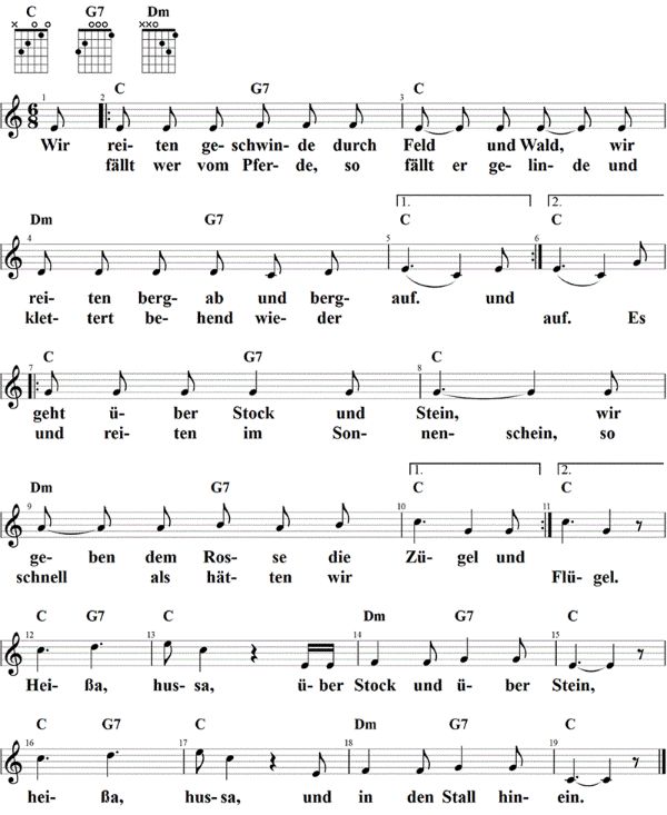Wir reiten geschwinde, Noten mit Liedtext und Gitarrenakkorden C-Dur