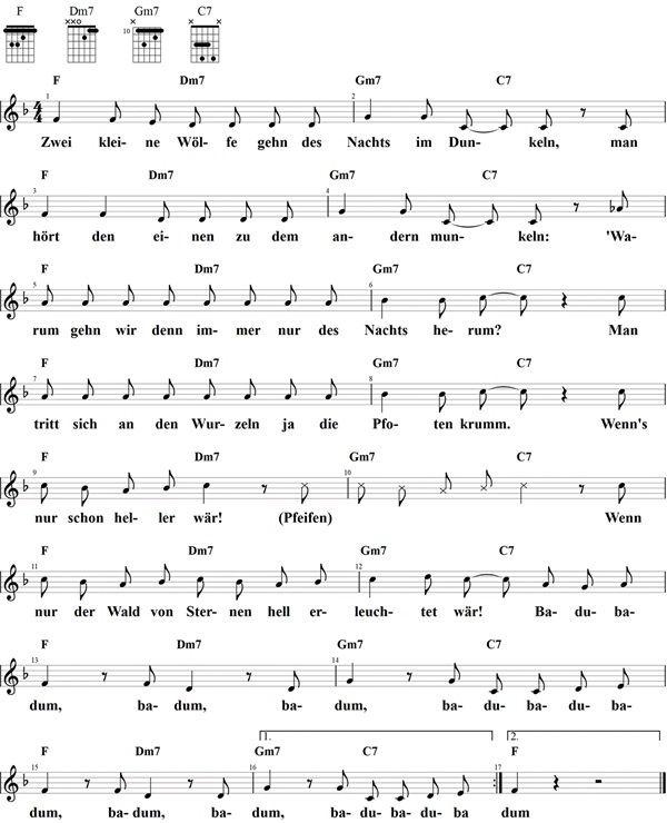 Zwei kleine Wölfe, Noten mit Liedtext und Gitarrenakkorden (F)