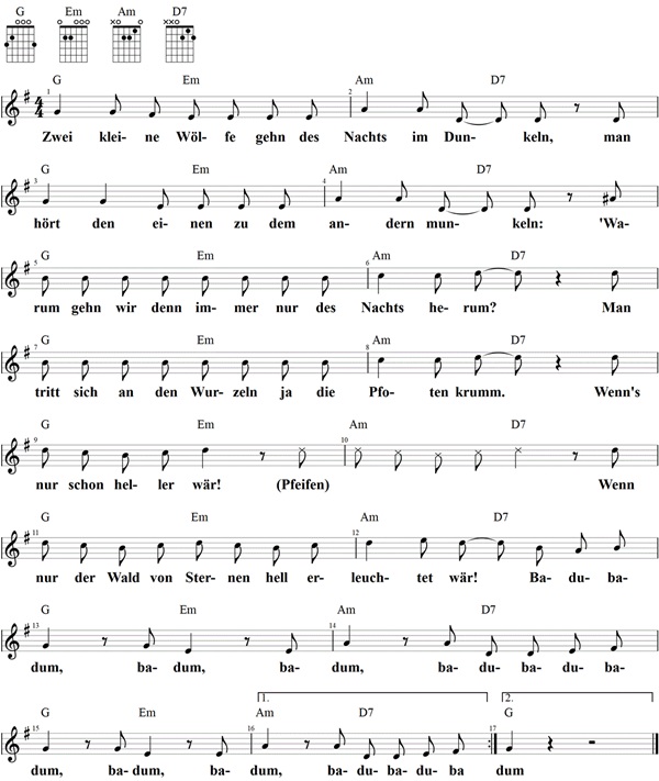 Zwei kleine Wölfe, Noten mit Liedtext und Gitarrenakkorden (G)